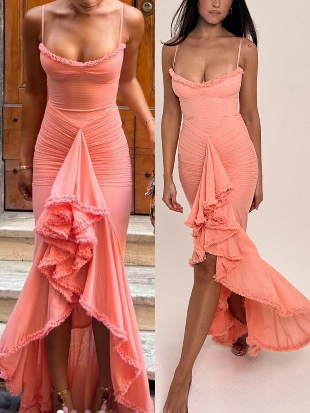 House of CB Gabbi Dress Peach Mesh Ruffled Front Gown High Low Maxi Size S